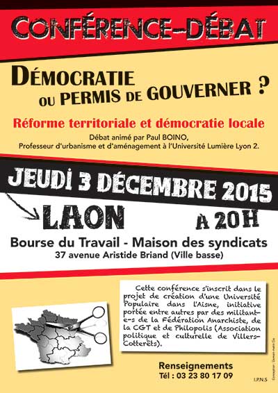 Jeudi 3 décembre 2015 à 20h à LAON: Conférence débat sur la réforme territoriale