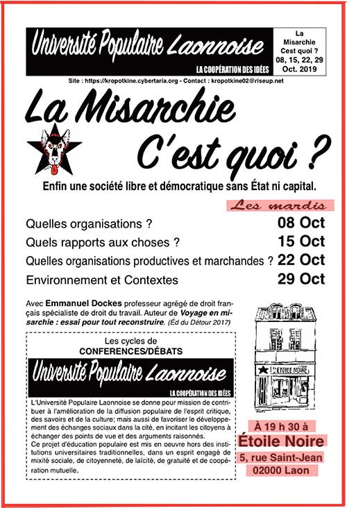Université Populaire Laonnoise : cycle « La misarchie, c’est quoi ? » le 8, 15, 22, 29 octobre 2019 à 19h30 à l’Etoile Noire