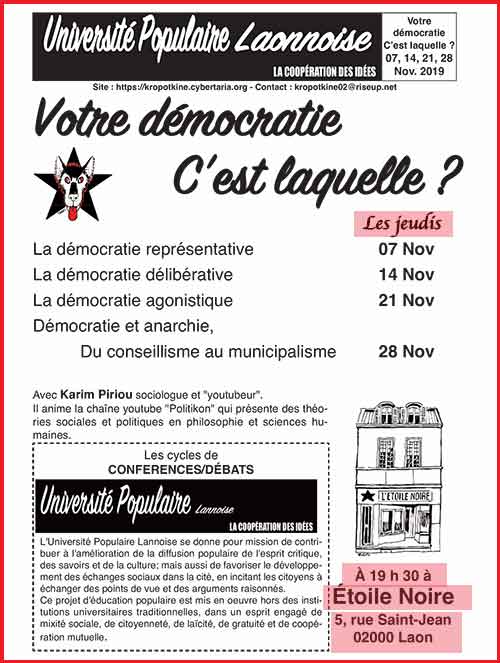 Université Populaire Laonnoise – 2ème cycle : “Votre démocratie, c’est laquelle ?” les jeudis 7, 14, 21, et 28 novembre 2019 à 19h30 à l’Étoile Noire
